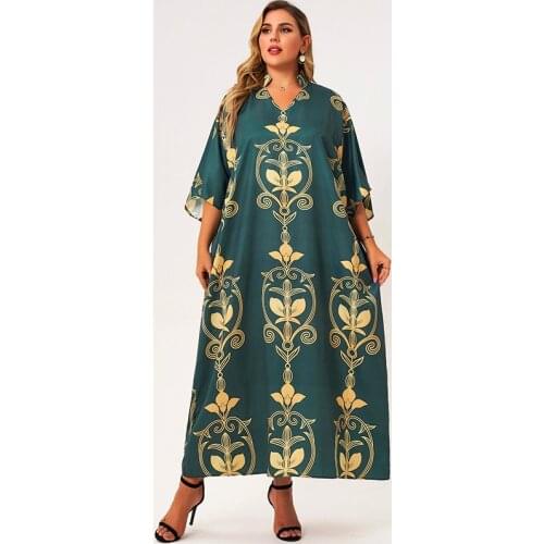 New Summer Dress Women Nice Plus Size Green V-neck Long Sleeves Vintage Golden Floral Printing Loose Casual Maxi Dresses