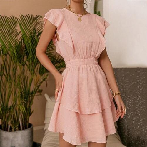 202 Summer Women Dress Solid Color Cotton Female Chic Dresses Fashion Solid Ruffled Mid-length High Waist Vestidos Sleeveless