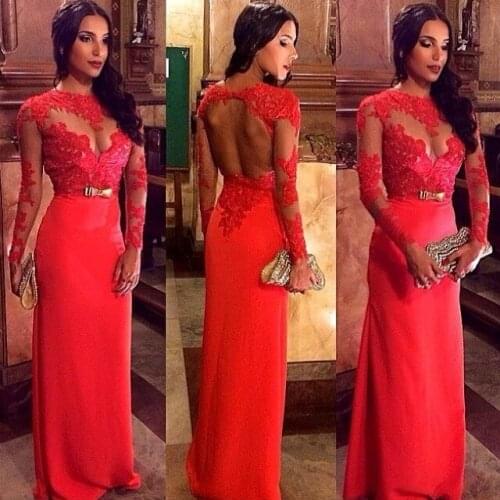Free Shipping Sexy Stunning Red Lace appliques Floor Length Chiffon Long Sleeve Evening Dress 2015 sexy backless bow party gown