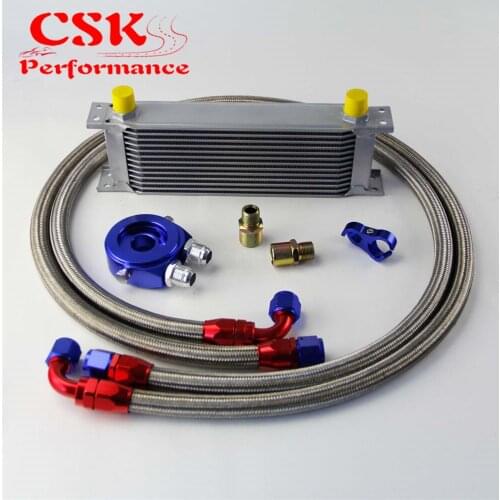 13 Row 248mm AN10 Universal Engine Transmission Oil Cooler British Type + Aluminum Filter Hose End Kit Blue