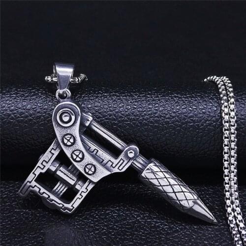2021 Heavy Metal Tattoo Machine Stainless Steel Statement Necklace Men Silver Color Big Necklace Jewelry collier homme NZZ80S02