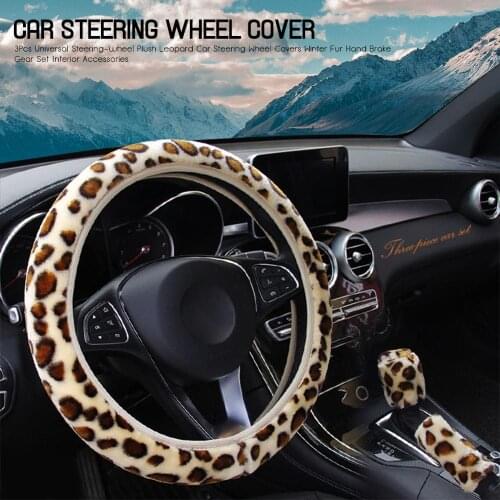 3Pcs Universal Steering-wheel Plush Leopard Car Steering Wheel Covers Winter Fur Hand Brake Gear Set Interior Accessories
