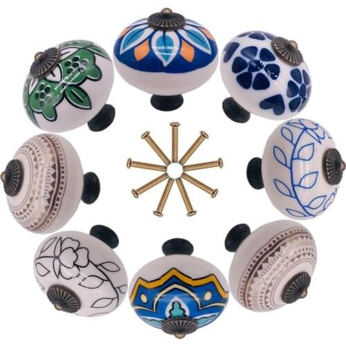 6PCS Hand-painted Ceramic Knob 40mm Round Cabinet Drawer Handle Furniture Dresser Door Knobs Pulls For Kitchen Cupboard Hardware