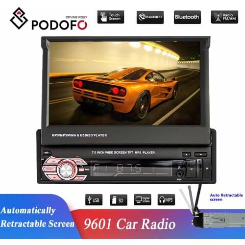 Podofo Car Stereo Bluetooth 1DIN 7" HD Auto Retractable Touch Screen Monitor MP5 Player FM Receiver USB Rear View Camera
