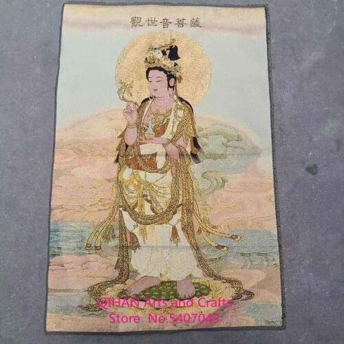 Bodhisattva avalokitesvara Buddha antique thangka embroidery religious Buddha gold silk embroidery brocade color painting