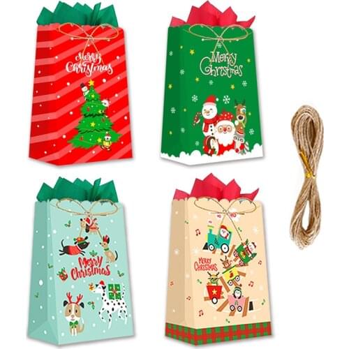 ICraft 12Sets Christmas Stand Up Paper Gift Bag Santa Snowman Deer Party Favor Candy Treat Pack with Xmas Tags