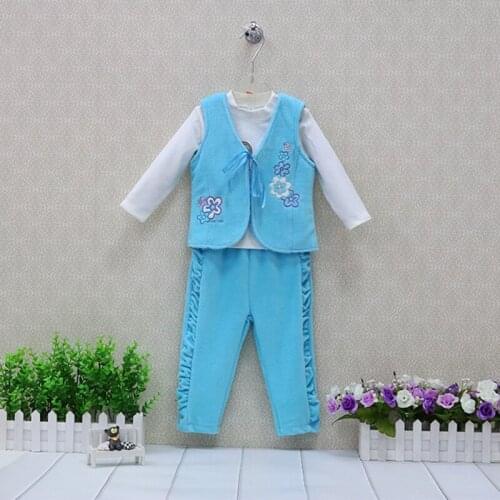 Children Cotton Long Sleeve Blouse+ Sleeveless Coral Fleece+Verlour Shirts+Velour Pants 3 Pieces/lot Clothing set Girls Clothes