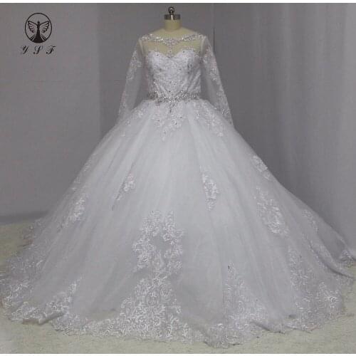 Designer Robe De Mariee O Neck Appliqued Lace Sashes Long Sleeve Chapel Train Wedding Dresses 2017