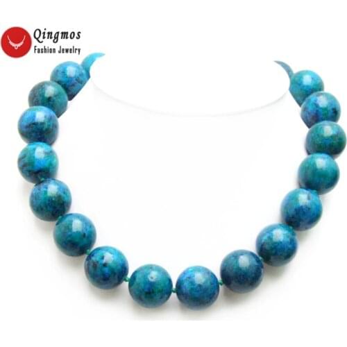 Qingmos Trendy Natural Chrysocolla Stone Necklace for Women with 20mm Round Green Chrysocolla Chokers Necklace Jewelry 17" n6480