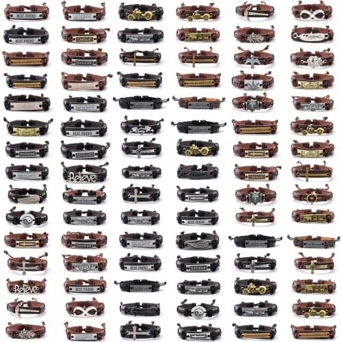 New Fashion 10pcs/Set Black Brown Wrap Woven Handmade Men Bracelets Male Women Leather Bracelet Men Bangle Wholesale