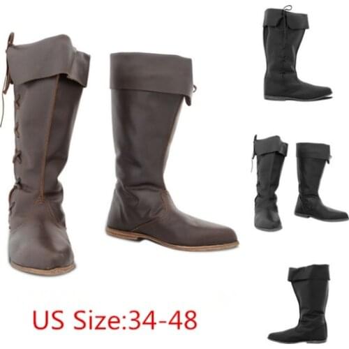 Renaissance Medieval Cosplay Gothic Punk Viking Pirate Props Shoes Leather Knight High Boots Men Women Paladin Costume Witcher