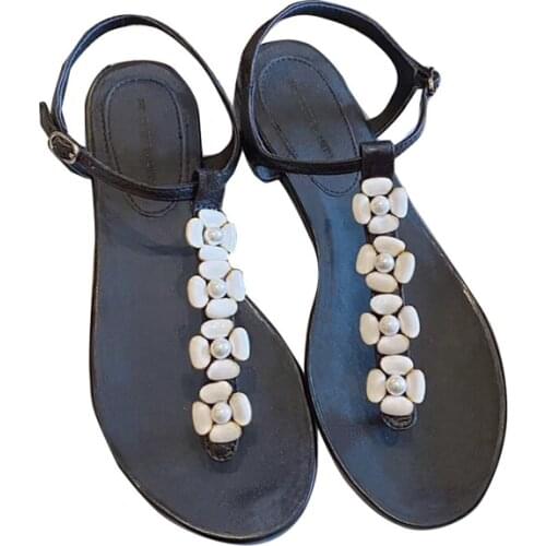 White camellia pearls flowers pinch flat sandals women White camellia flowers T strap flip-flop woman black flat sandals