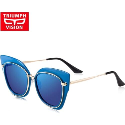 TRIUMPH VISION Blue Cat Eye Oversized Sun Glasses for Women Mirror Lens Gold Frame Sunglasses Women Popular Big Shades UV400