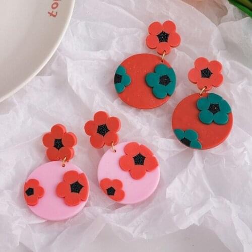 U-Magical Summer Circle Polymer Clay Pink Red Dangle Earring for Women Charming Multicolor Flower Earring Jewelry Accessories