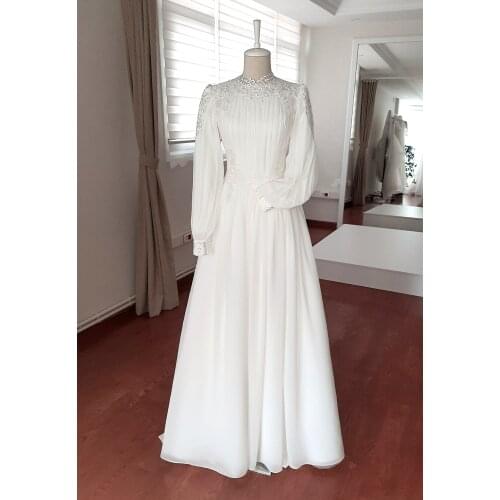 Vintage Muslim Wedding Dress High Quality Lace Chiffon Puffy Long Sleeve fully handmade made in Turkey