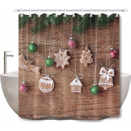 72'' Shower Curtain Christmas Balls hanging on Rustic Vintage Wood Board Bathroom Waterproof Polyester Fabric for Bathtub Decor