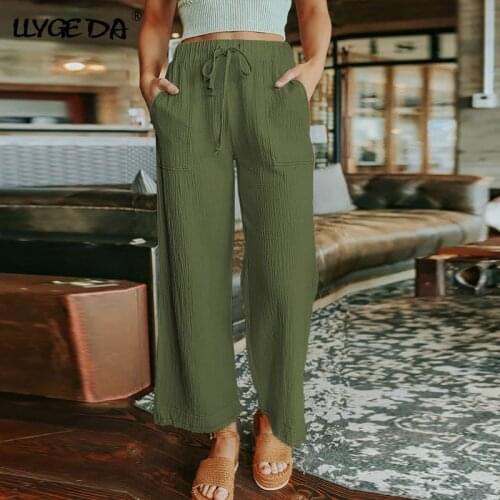 Green Wide-leg Cropped Womens Pants High Waist Drawstring Loose Casual Pants For Women 2021 Summer Fashion Thin Female Cloths