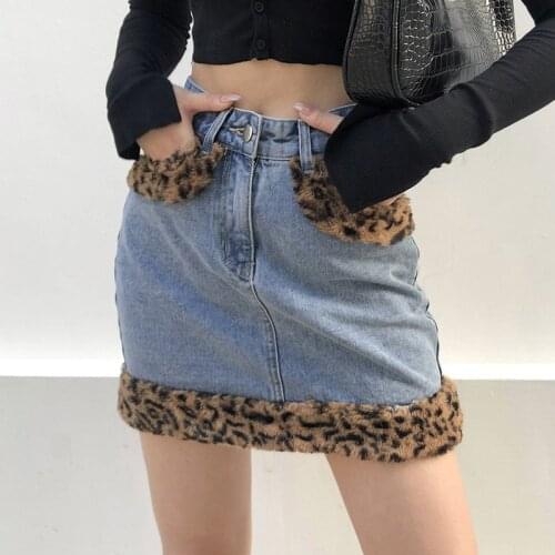 Women Sexy Club Patchwork Denim Skirt Leopard Plush Fluffy High Waist Trendy Mini Short Skirts Jeans Female Outfits Skit Velour