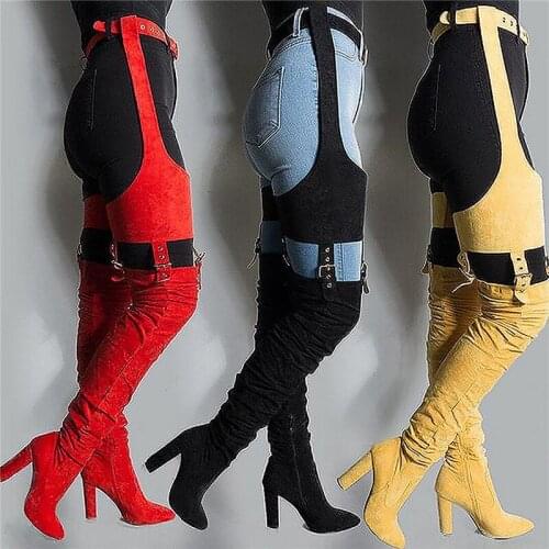 2021 New Sexy Belted Thigh High Heel Boots Waist Belt Faux Suede Leather Block Heel Boots Buckle Strap Chap Boots Shoes Woman
