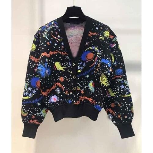 Sleeve Women Cardigan Long Printed Knit Cardigan V-neck Planet Wool Sweater Ladies Tops Knitted Coat