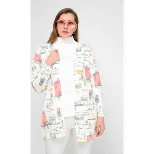 Women Cartoon Pattern Viscose Fabric Long Sleeve Open Front White Cardigan 2021 New Fashion Clothing Made In Turkey