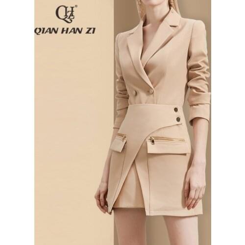 Qian Han Zi Office Lady Elegant Suit Women Long Sleeve Slim Blazer+Zipper Pocket Tied Waist bodycon Skirt Set 2021 New fall