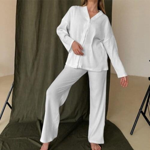 Womens suit knitted solid long sleeve top high waist wide leg trouser suits casual elegant minimalist 2021 autumn set 2 pieces