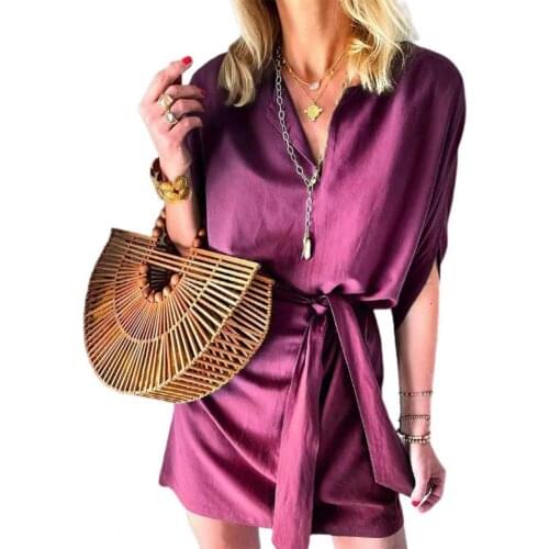 Women V-neck Dress Tie Design Sweat Absorbent Solid Color Summer Mini Short Dress for Fashion Show