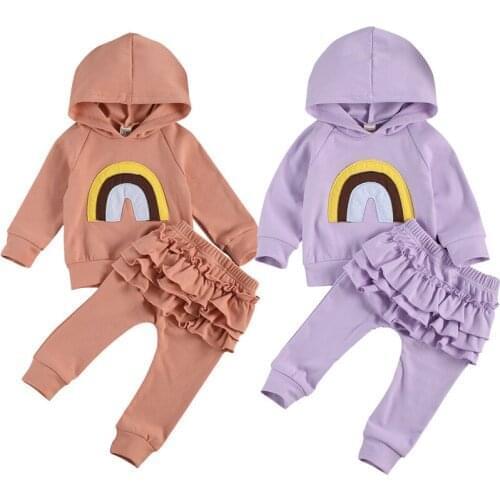Wallarenear 0-3Years Newborn Infant Toddler Baby Girl Autumn Fashion 2Pcs Clothing Long Sleeve Rainbow Printed Hooded Top Pant