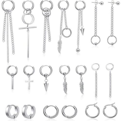 20Pcs Korean Huggie Hoop Earring Stainless Steel Dangle Hinged Feather Drop Earrings Long Chain Pendant Earrings Jewelry