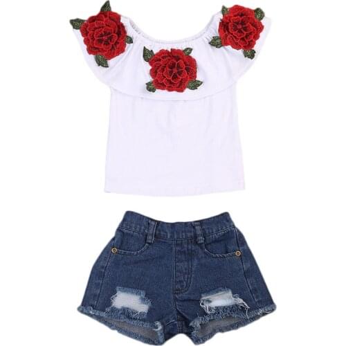 2019 2PCS Kids Baby Girls Clothes Set Stylish 3D Flower Off Shoulder Tops Shirt +Denim Jeans Destroyed Shorts Outfits Set