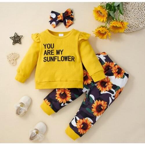 PatPat Baby Girl 3pcs Letter Print Long-sleeve Top and Sunflower Floral Trouser Set