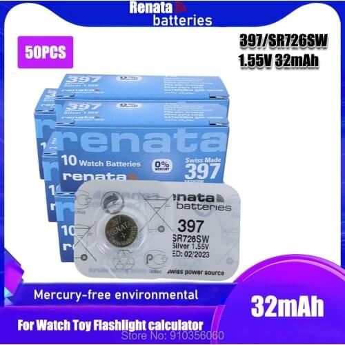 50PCS Renata Watch Battery 1.55V 397 SR726SW 726 Silver oxide Button Coin Cell Batteries MADE IN Swiss