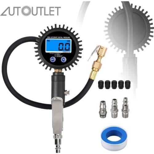 AUTOUTLET Digital Tire Pressure Gauge Tyre Inflator 255PSI with 5 Black Valve Cores and 3 Connectors Tire Pressure Gauge