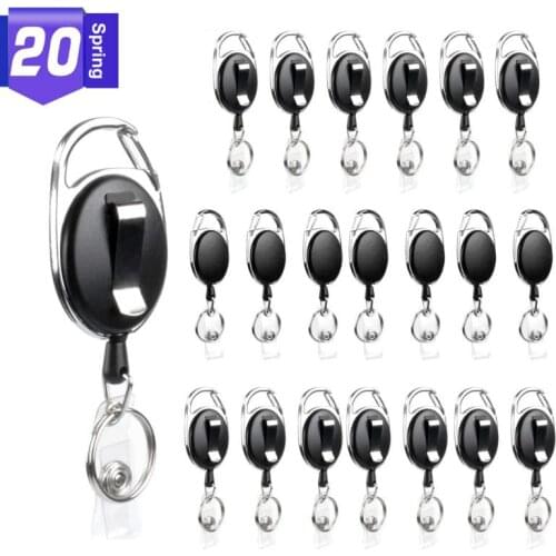 20 Large Pack Black Retractable Badge ID Card Holders Keyring with Carabiner Reel Clips Keychain Fashion Jewelry Unisex