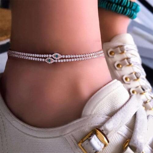 2 Pcs/set Women Personality Crystal Eyes Beaded Simple Chain Gold Anklet Beach Charm Jewelry Accessories Length 26.5 CM