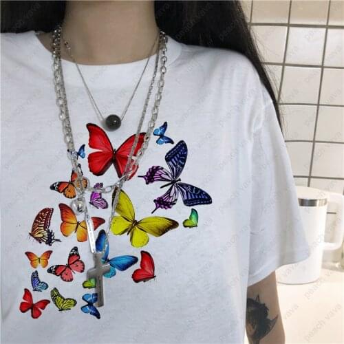 New Summer colorful butterfly fun T-shirt ladies cute women casual cool top tee brand Harajuku couple kawaii plus size clothing
