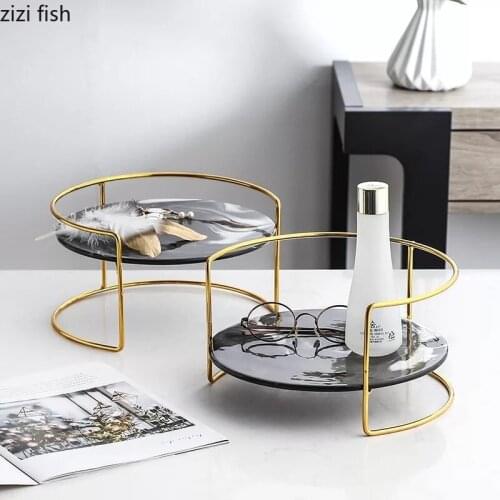 Imitate Marble Black Storage Trays Dressing Table Cosmetic Organizer Plate Golden Metal Shelf Tray Bathroom Storage Shelves