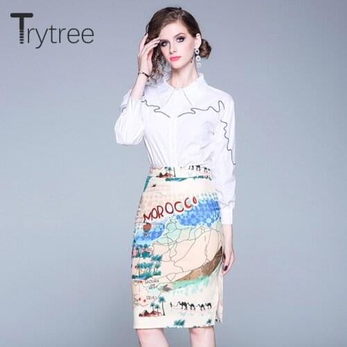 Trytree 2020 Autumn Winter Two piece set Casual Turn-down Collar Embroidery Top + Skirt Split hem Knee-Length Set 2 Piece Set