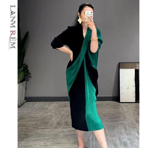 LANMREM 2021 casual a-line v-neck mid-calf three quarter sleeve Patchwork elegant cross stitching slimming pleated dress 2A221