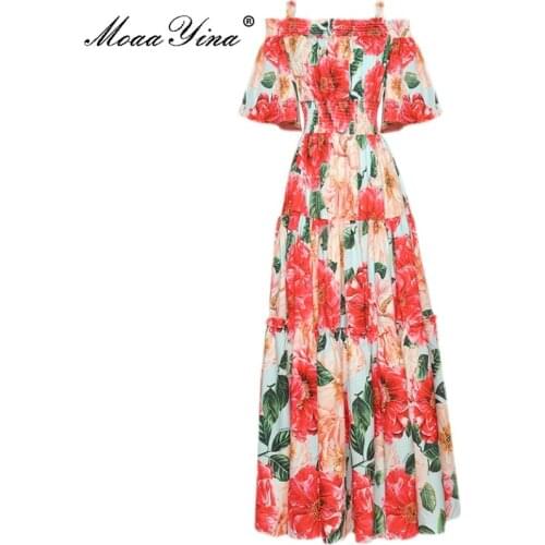 MoaaYina Fashion Designer dress Summer Womens Dress Sexy Slash neck Elastic waist Floral print Elegant Vacation Long Dress