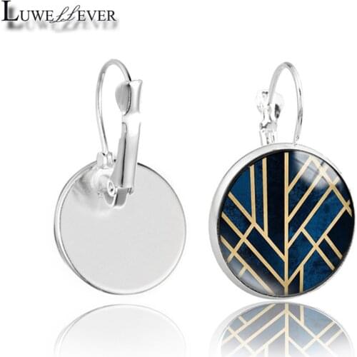 New 627 Dark Blue Geometric 16mm Glass Bronze Metal Earring Round Cabochon Stud Earring Charm Jewelry For Women Gift