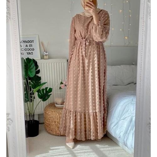 HGTE Solid 3D Pompon Maxi Long Dress for Women Fall 2021 O Neck Full Sleeve Muslim Duabi Turkey Qtar Oman Arabic Clothes