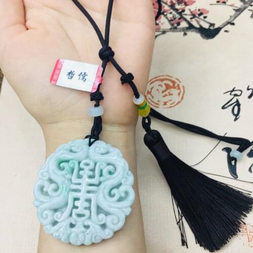 Natural Burmese Emerald jade carving good luck pendant with hand-woven tassel necklace sweater chain