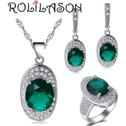 ROLILASON silver plated ingots green For women Earrings Necklace pendant Rings Jewelry Sets USA size #6#7#8#9#10 JS716