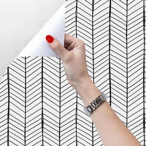 Geometry Arrow Self-Adhesive Wallpaper Prepasted Super Thick Black White Herringbone Peel and Stick Wallpaper Roll