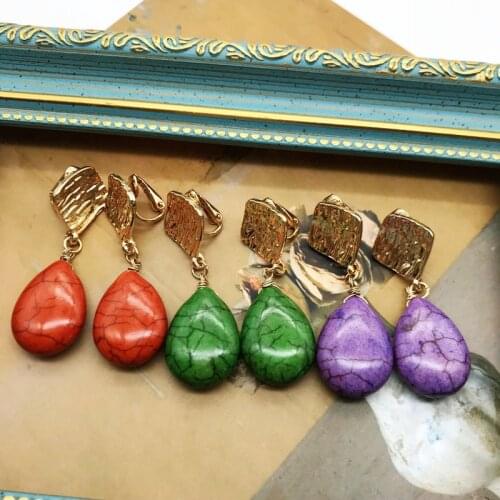 Teardrop Marble Stone Earrings Clip For No Piercing Geometric Metal Long Fashion Jewelry