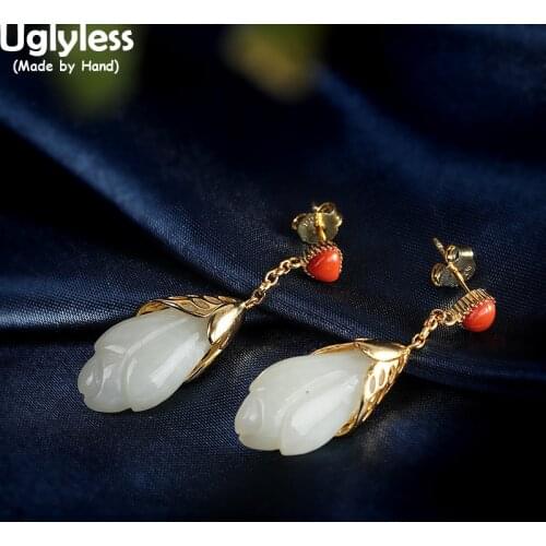 Uglyless Flatted Magnolia Flowers Jade Earrings for Women Flower Pedicle Hollow Floral Jewelry 925 Sterling Silver Brincos Agate