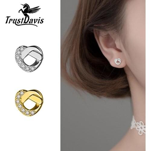 TrustDavis Real 925 Sterling Silver Fashion Sweet Romantic Heart CZ Stud Earrings For Women Wedding Mothers Day Jewelry DB528