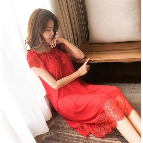 Spring And Summer Princess Nightdress Girl Sweet And Lovely Lace Princess Household Dress Sexy Net Yarn Bright Red Sleepwear